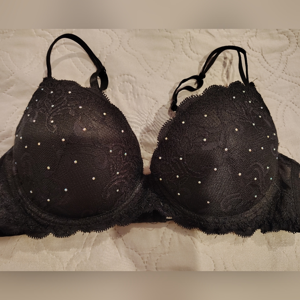 HERS Black Rhinestone Accent Bra 38C